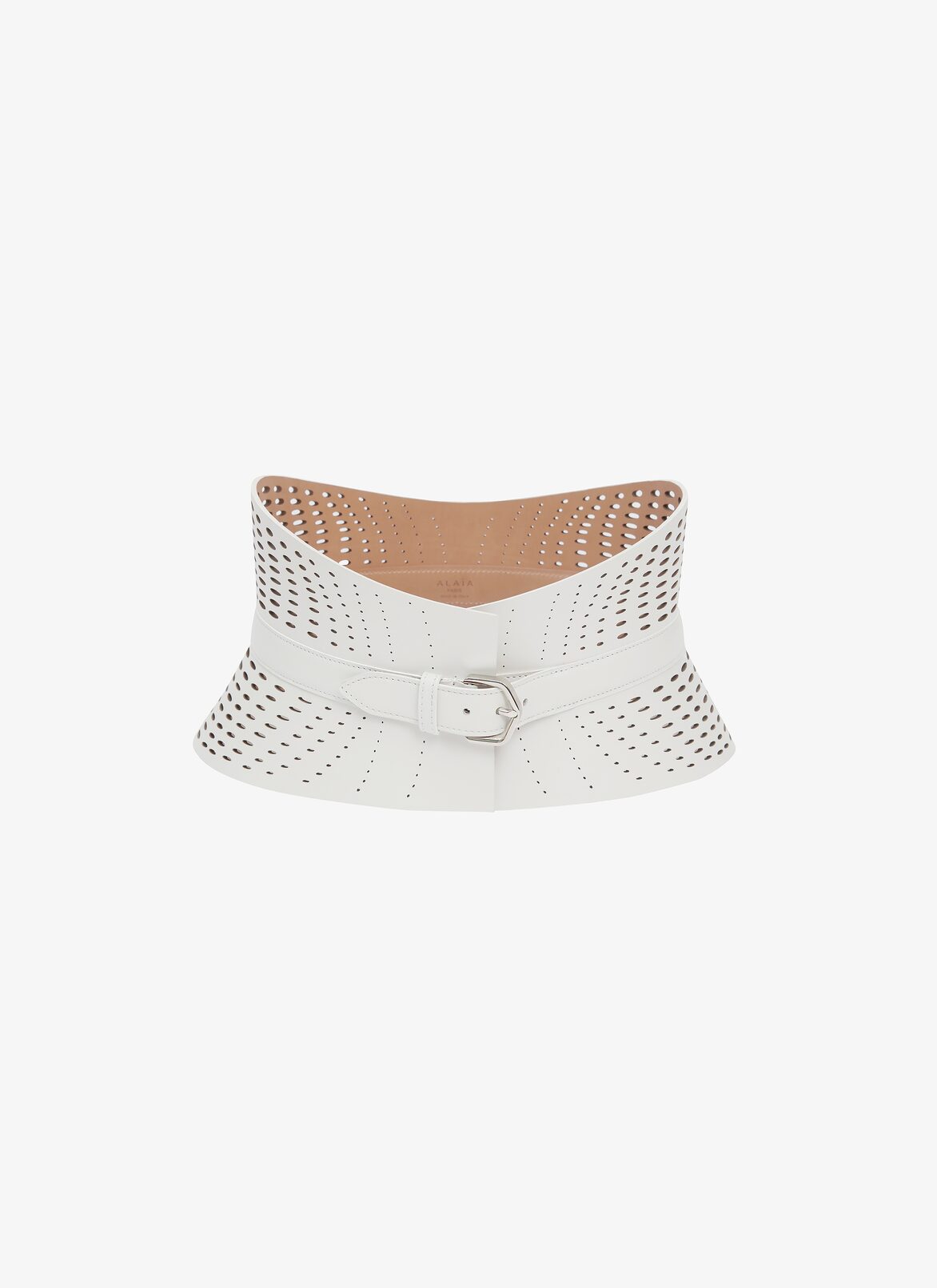 Neo Bustier belt in optical perfo lux calfskin ALAÏA WHITE NEO BUSTIER BELT IN OPTICAL PERFO LUX CALFSKIN